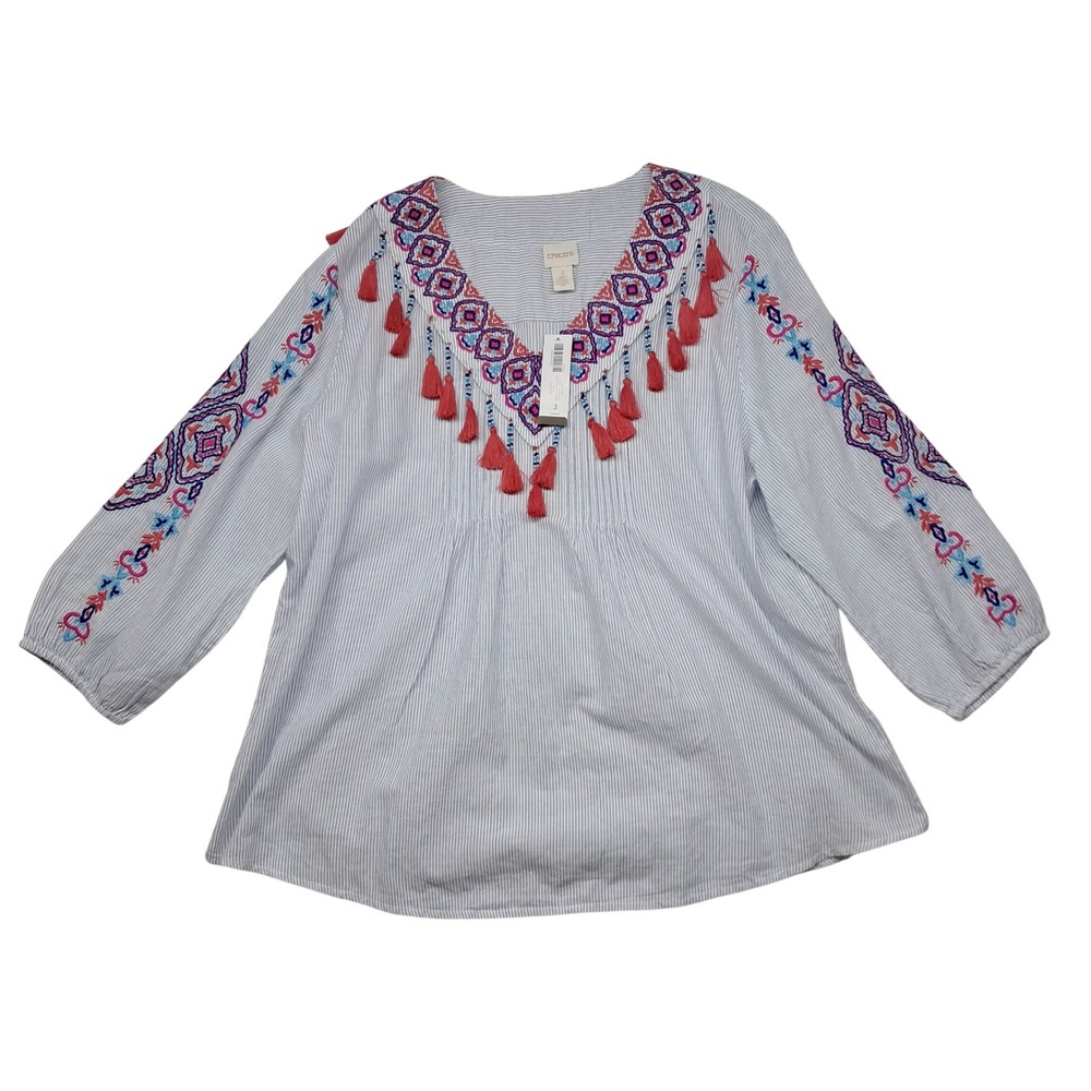 NWT Chico's Tassel Trim Top Womens 3 XL Blue Pinstripe Boho Embroidered Coastal